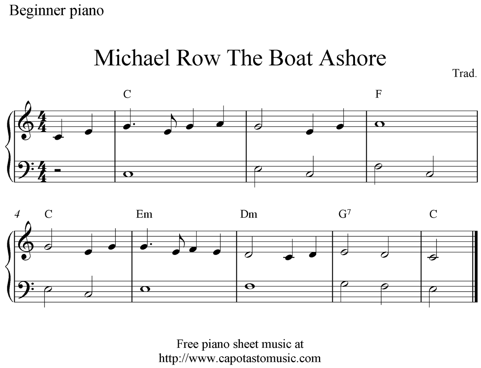 Free easy piano sheet music for beginners, Michael Row The Boat Ashore