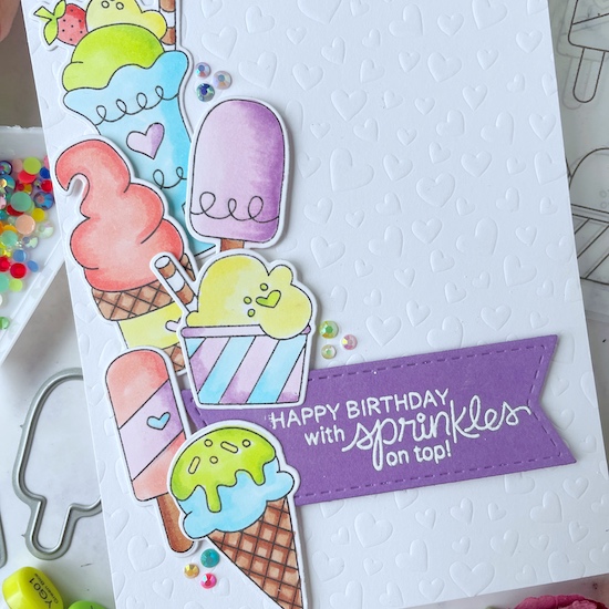 Happy Birthday with Sprinkles on Top Card by Farhana Sarker | Summer Scoops Stamp Set,Petite Hearts Stencil and Frames & Flags Die Set by Newton's Nook Designs #newtonsnook #handmade