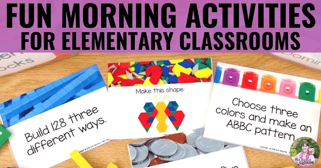 Image of morning activities for students with text "Fun Morning Activities For  Elementary Classrooms"