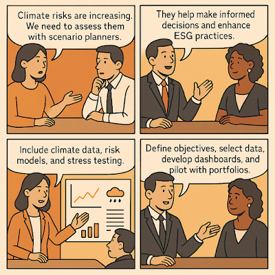"A four-panel digital comic illustrating climate transition scenario planners for asset managers, with characters discussing climate risks, ESG practices, essential data and models, and development steps like piloting with portfolios."