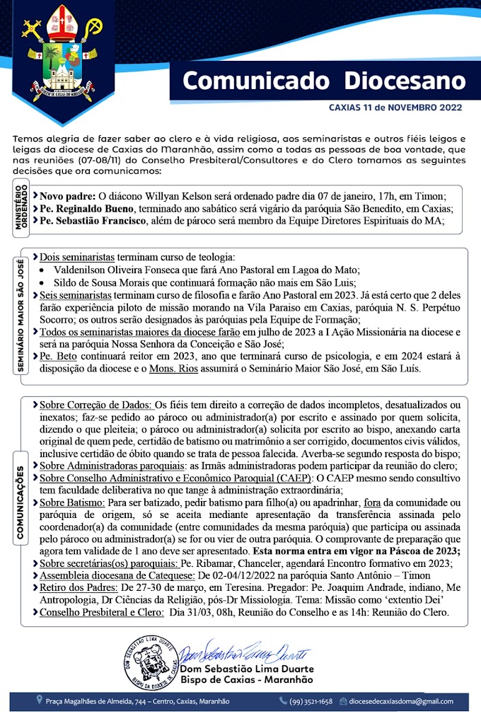 COMUNICADO DIOCESANO. Dom Sebastião Lima Duarte