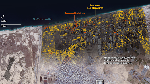 satellite imagery of Rafah showing damaged buildings and tents