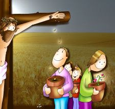 Viñeta que muestra a Jesús en la cruz dejando caer de sus manos semillas que florecen. Patxi Velasco