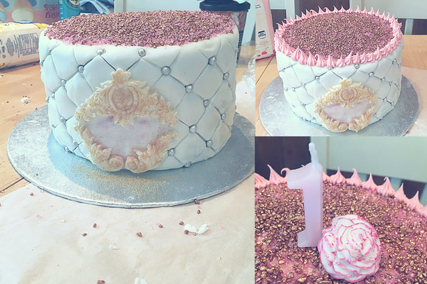 icing and sprinkling the top of the birthday cake with pink