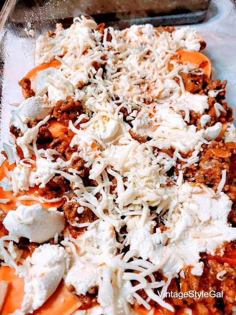 adding mozzarella cheese to lasagna sweet potato