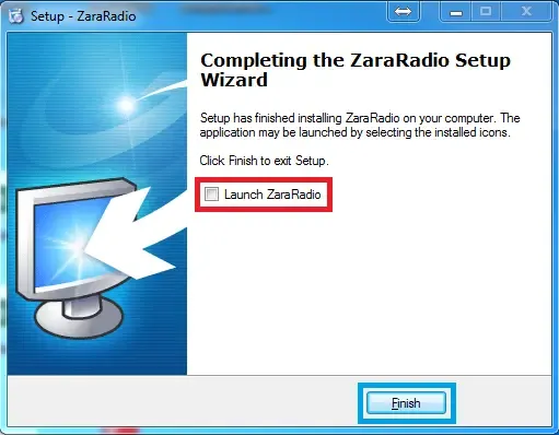 Tela final da instalação do ZaraRadio.