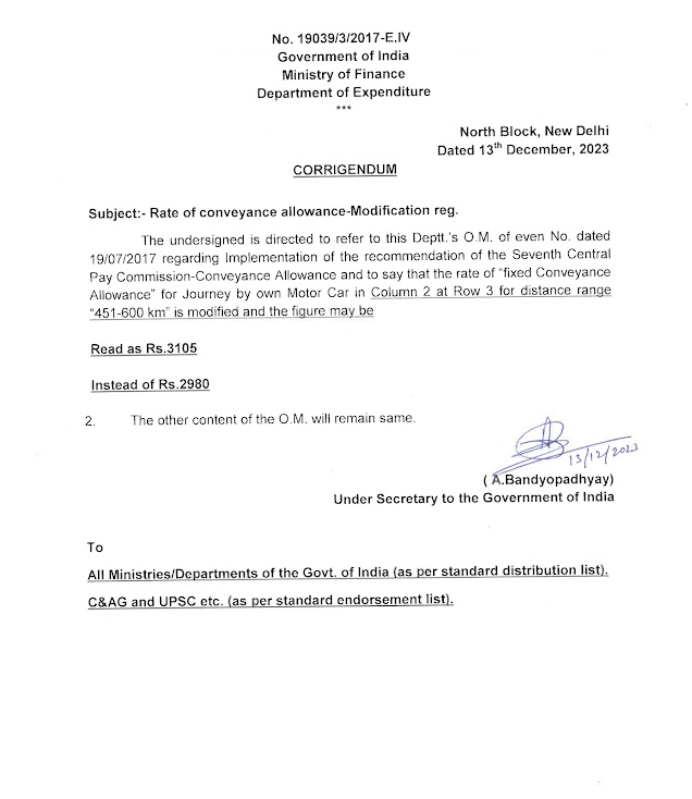 Rate of Conveyance Allowance in 7th Pay Commission – Modification: DoE, FinMin OM dated 13.12.2023