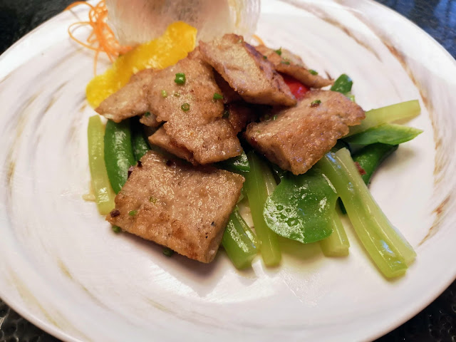 Sauteed Minced Fish with Celery, Honey Peas, Celtuce and Bell Pepper