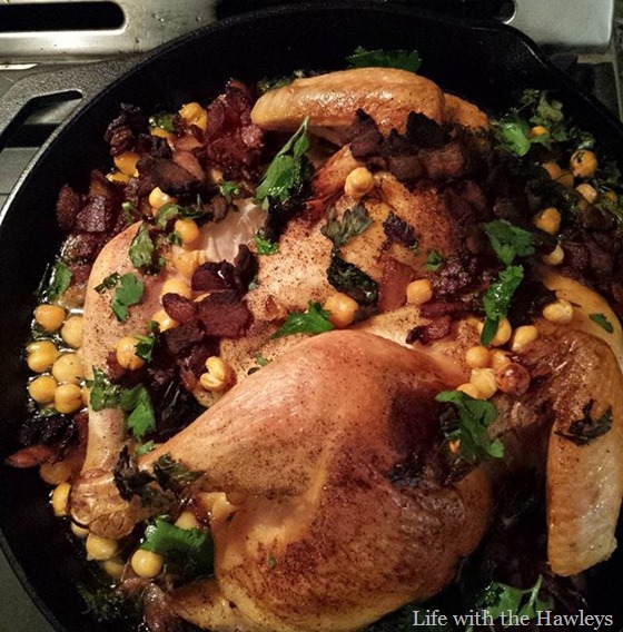 Spatchcock chicken with garbanzo beans & roasted sweet potatoes