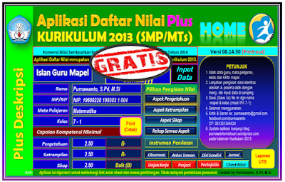 Aplikasi Nilai KK 2013 SMP dan MTs Format Excel