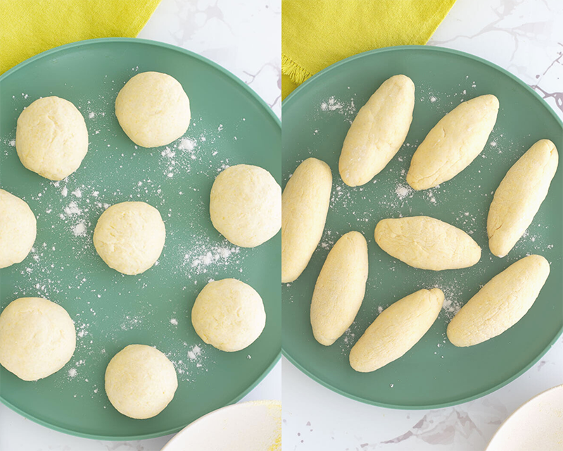 Cornmeal dumplings as balls and dough as logs on green plate.