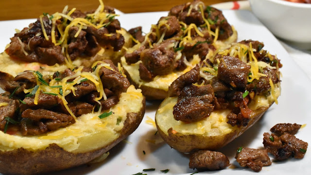 Tex-Mex Steak-Loaded Cheesy Baked Potatoes.