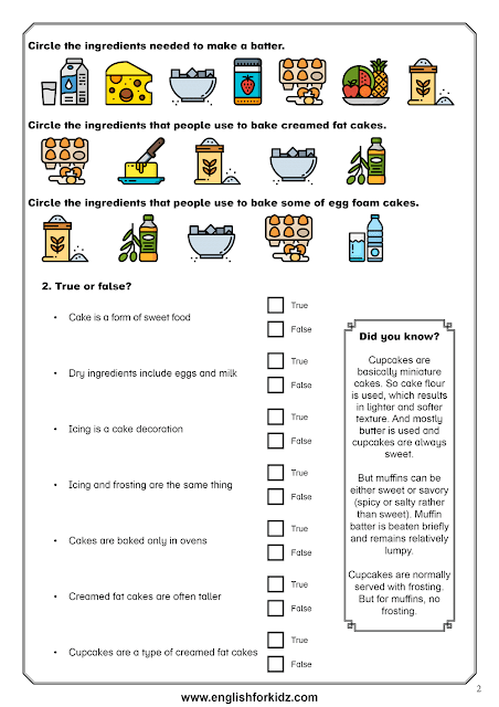 Reading comprehension worksheet dedicated to the topic of cooking food - baking cakes