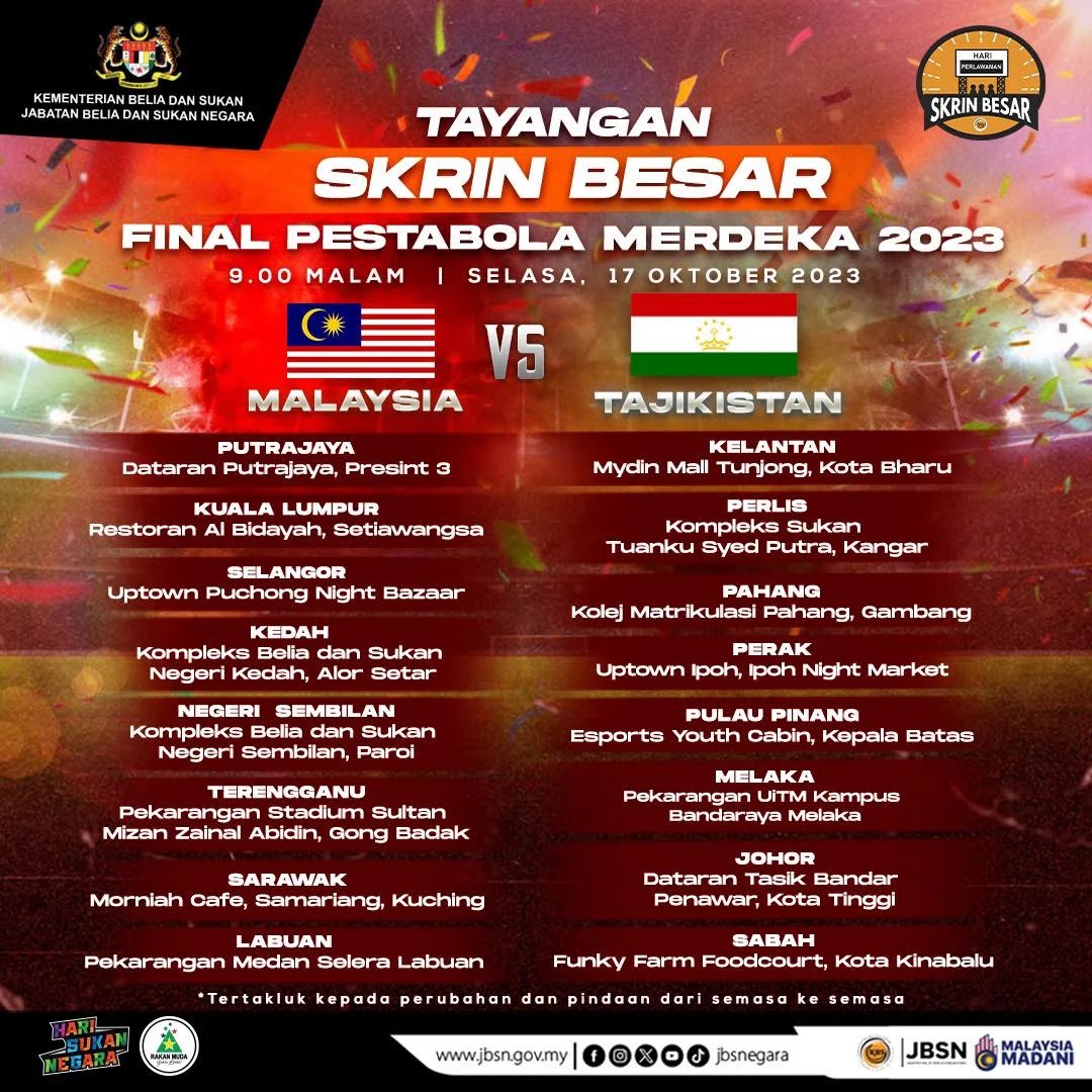 16 Lokasi Tayangan Skrin Besar Malaysia vs Tajikistan Final Pestabola Merdeka 2023