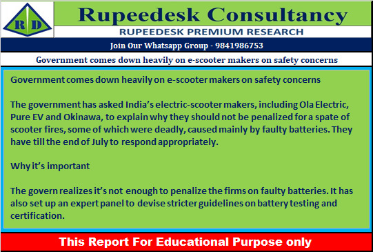 Government comes down heavily on e-scooter makers on safety concerns - Rupeedesk Reports - 04.07.2022