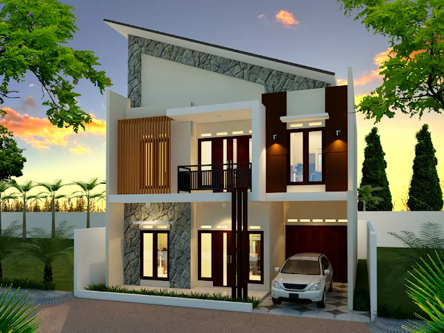 Desain Gambar Rumah 2 Lantai dengan Model Minimalis Atap Miring