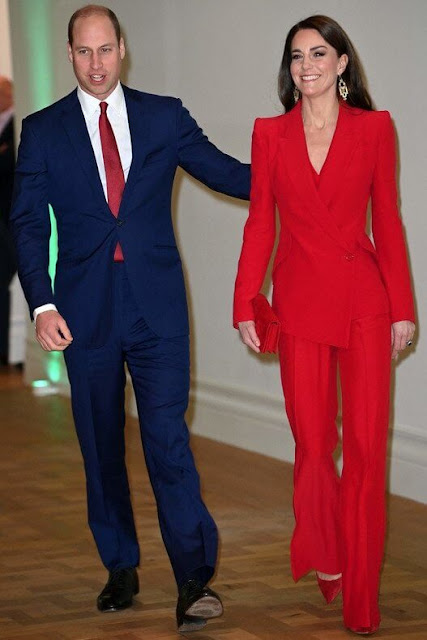 The Princess of Wales wore a new red suit by Alexander McQueen. Chalk Jewellery florence earrings. Red pumps