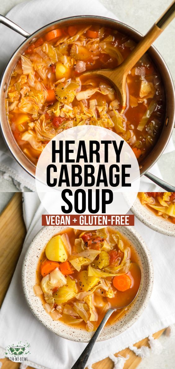 This hearty Cabbage Soup is loaded with Green Cabbage, Carrots, Yellow Potatoes, and a flavorful broth! A cozy plant-based soup for a chilly day.