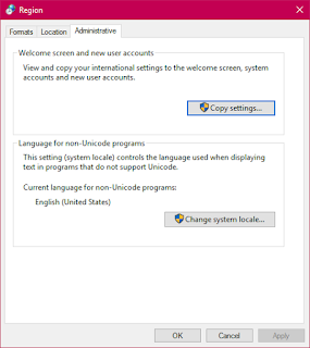 Windows region settings, administrator tab