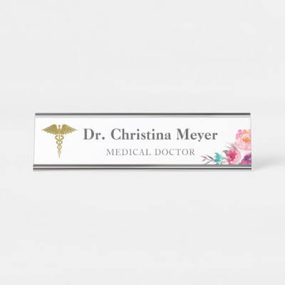  Pink Floral Medical Caduceus Desk Name Plate