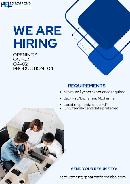 Pharma Force Lab Hiring For QA/ QC/ Production -  Only Female Candidate Preferred