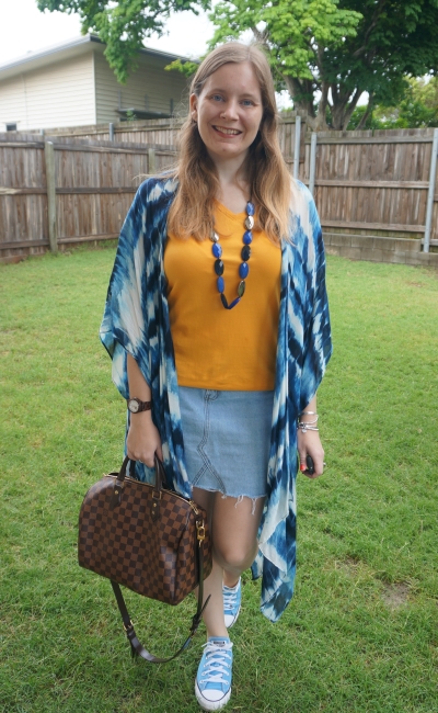 navy tie dye kimono with contrasting golden mustard yellow tee distressed denim skirt converse LV speedy bandouliere | awayfromblue