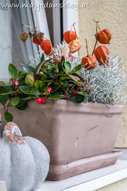 Blumenkasten mit Herbstpflanzen und Dekoration