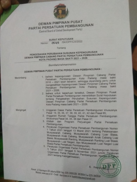 Suara Lantang Ketua DPC PPP Kota Padang Dasman: SK Ditandatangan Ketum dengan Stempel Basah!