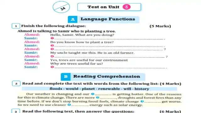 اهم امتحان لغة انجليزية على الوحدة السابعة للصف الثالث الاعدادى الترم الثانى 2024