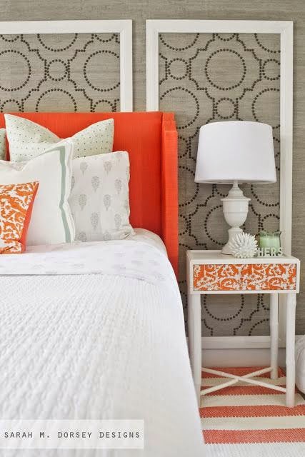 paneled headboard design pop of color orange bedroom