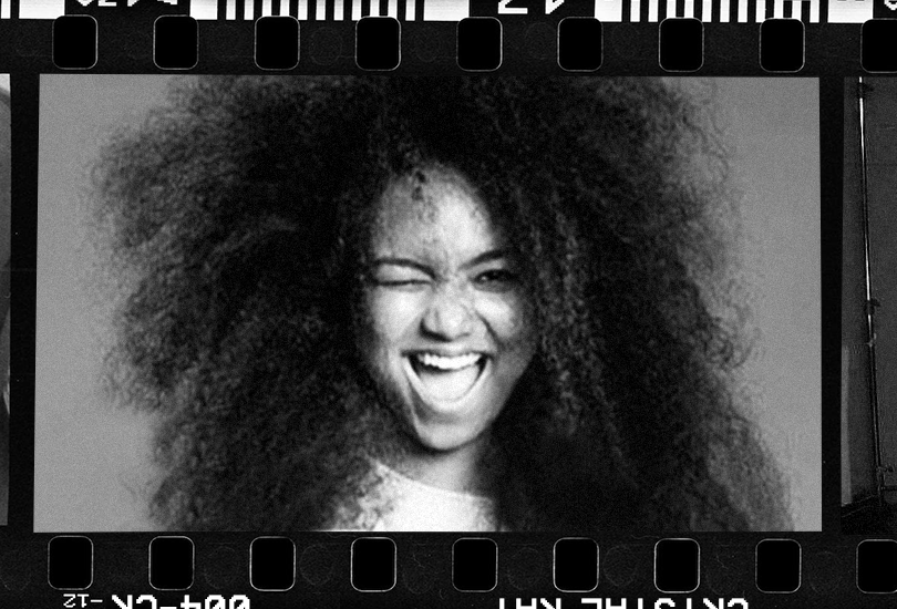 A black and white photo of Crystal Kay from the cover shoot of "Bye My Darling!”.