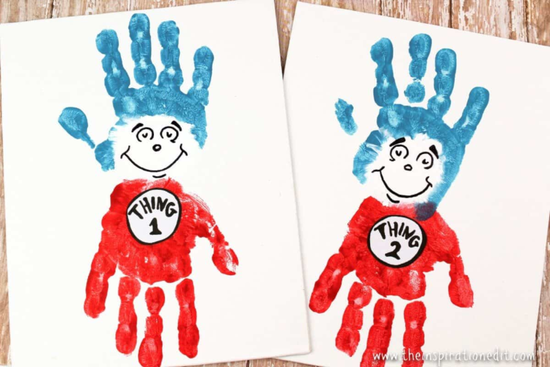 Dr Seuss Activities for Toddlers - Cat in the hat handprints thing 1 and thing 2