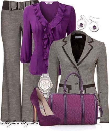 Grey Blazer, purple dress, pants, purple handbag and high heel sandals