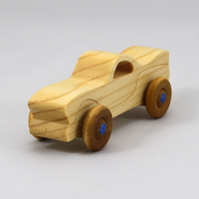 Wood Toy Car, Miniature Pocket Size, Handmade and Finished with a Custom Mineral Oil and Wax Blend and Metallic Saphire Blue Acrylic Paint, Itty Bitty Caddy