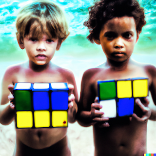 Two boys hold their respective Rubik's cubes.