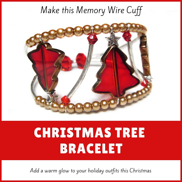 Red and Gold Christmas Tree memory wire cuff