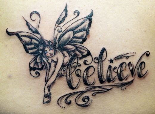 The fourth of my Lettering Tattoo Designs is this stunning lil fairy tattoo