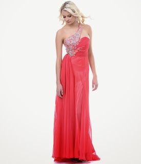 Coral Chiffon & Rhinestone One Shoulder Prom Dress