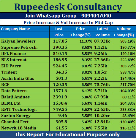 Price Increase & Vol Increase In Mid Cap