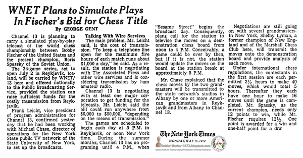 WNET Plans to Simulate Plays In Fischer's Bid for Chess Title