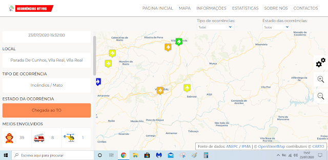 Ocorrências Ativas - Com esta plataforma fique a par dos Incêndios, acidentes e meteorologia adversa sobre Portugal!!