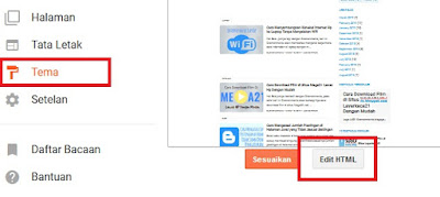 Setelah Sobat salin kode iklan yang sudah diparse, Sobat kemudian masuk ke akun blog Sobat. Klik Tema lalu klik edit HTML.