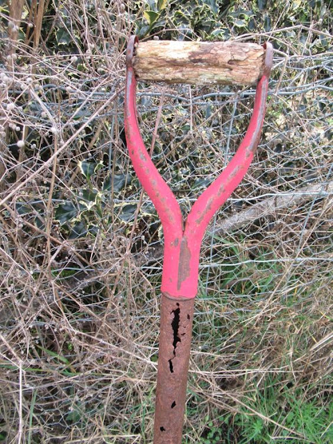 A photo of red, worn and rusted spade handle with lots of brambles and foliage behind it. Taken by Alexa D Wilson.