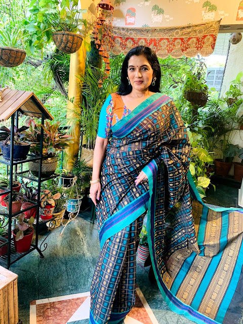 Blue and black aiyaram buta (1000 buta) cotton saree