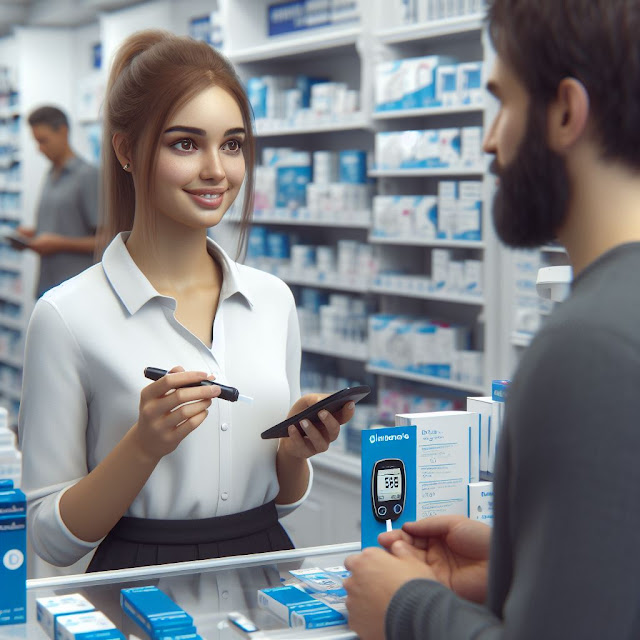 A lady sales rep is seen promoting a glucometer to a pharmacist at his outlet.