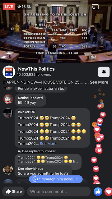 Still shot of a Now This Politics video from January 12 showing the House voting on 25th Ammendment, with one commenter typing "Trump 2024" over and over