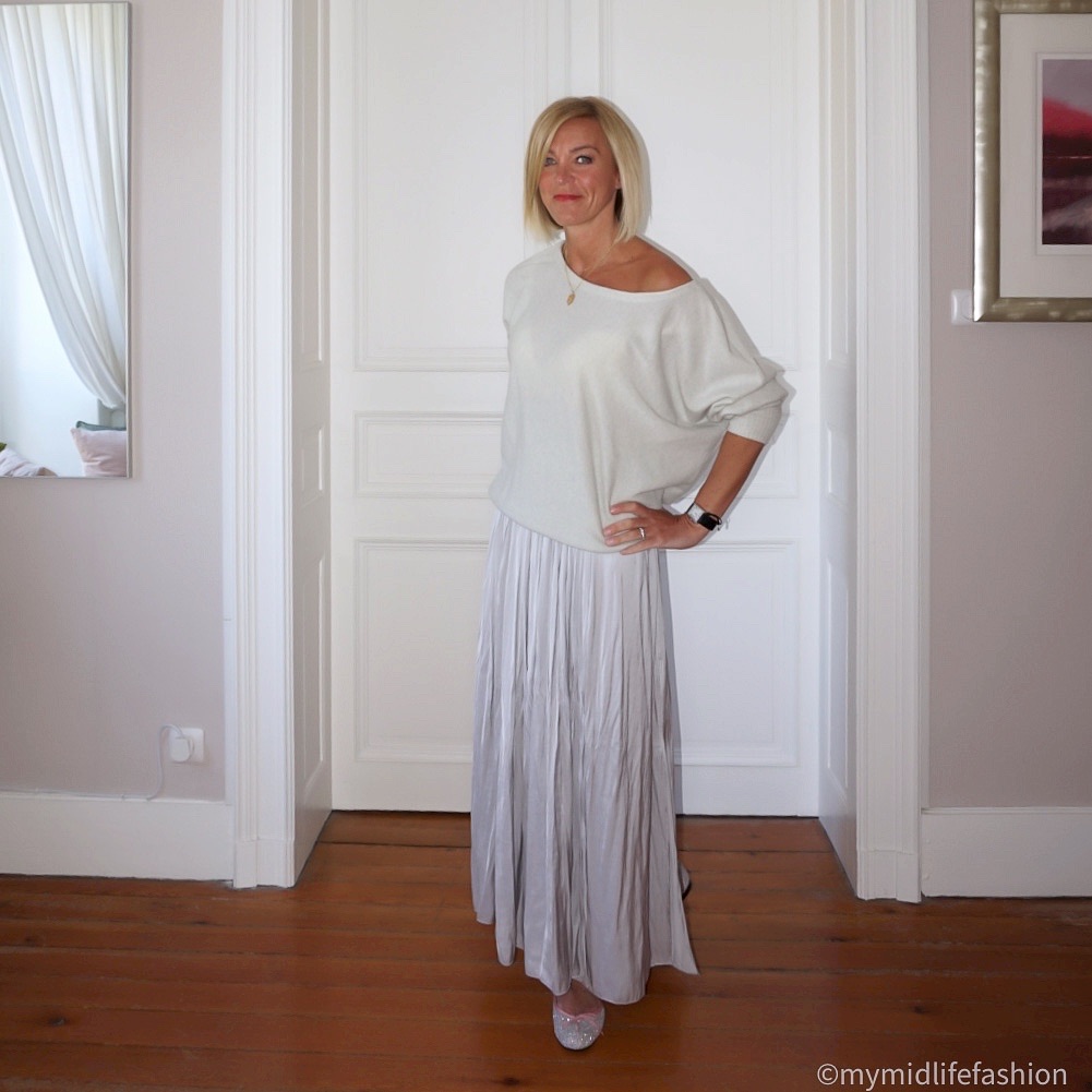 My midlife fashion, iris and ink cashmere off the shoulder jumper, Massimo Dutti pleated maxi skirt, french sole henrietta glitter ballet pumps