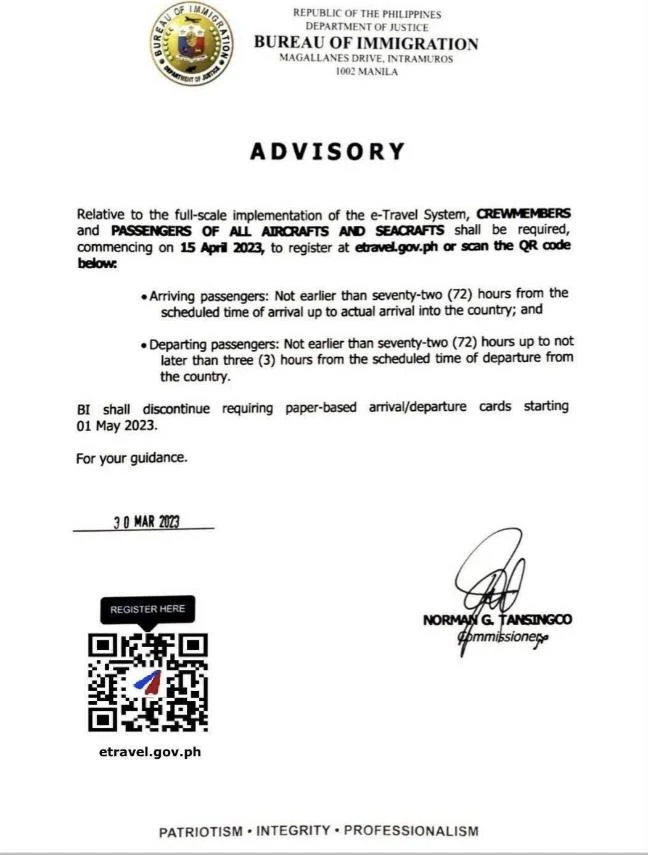 Letter notice by the Bureau of Immigration dated 30 March 2023 regarding the full-scale implementation of the e-Travel system.