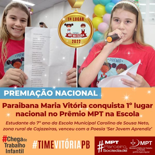  Paraibana de Cajazeiras, Maria Vitória conquista 1º lugar nacional no Prêmio MPT na Escola, com a poesia ‘Ser Jovem Aprendiz’