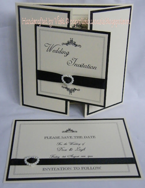 A sample of a black and cream gatefold design save the date and wedding 